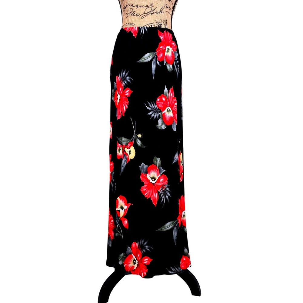 Vintage Made in USA Tropical Floral  Summer Maxi‎ Skirt Black Red Rayon Size 12